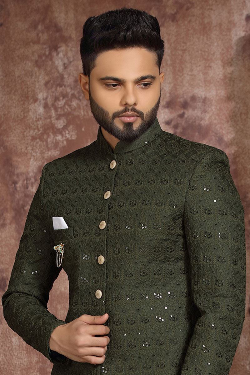 Charismatic Mehendi Green Colored Designer Readymade Men's Indo-Western Sherwani