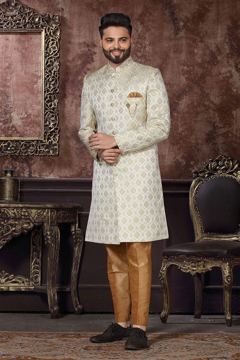 Dashing Off-White Colored Designer Readymade Men's Indo-Western Sherwani