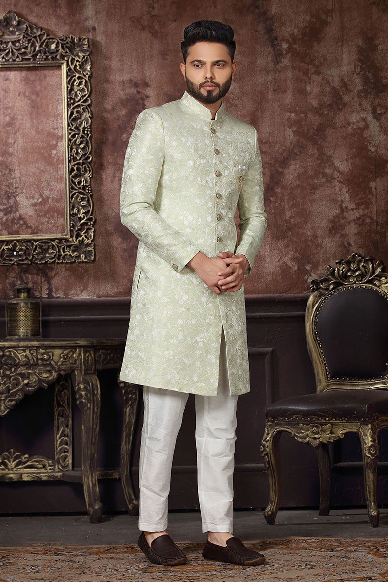 Attractive Pista Colored Designer Readymade Men's Indo-Western Sherwani