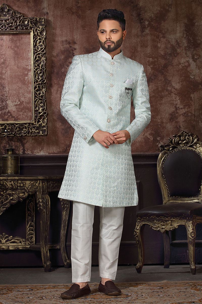 Stylish Sky Blue Colored Designer Readymade Men's Indo-Western Sherwani