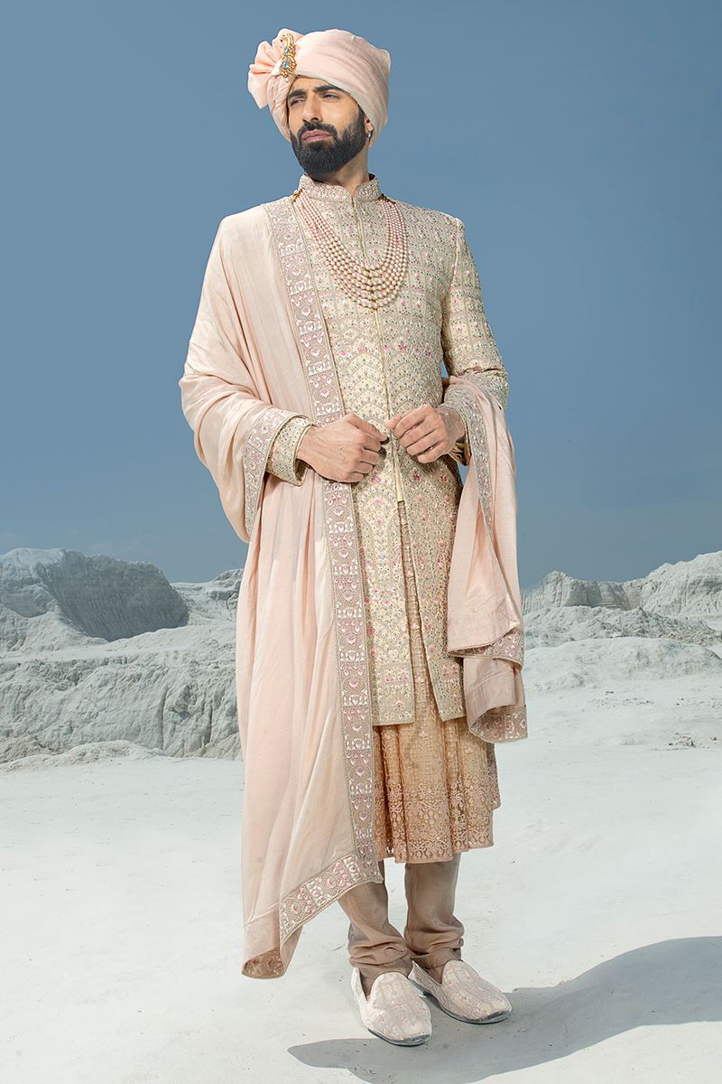 Magnificent Light Peach Colored Designer Sherwani