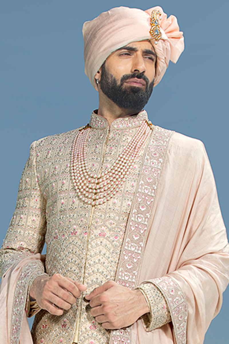 Magnificent Light Peach Colored Designer Sherwani