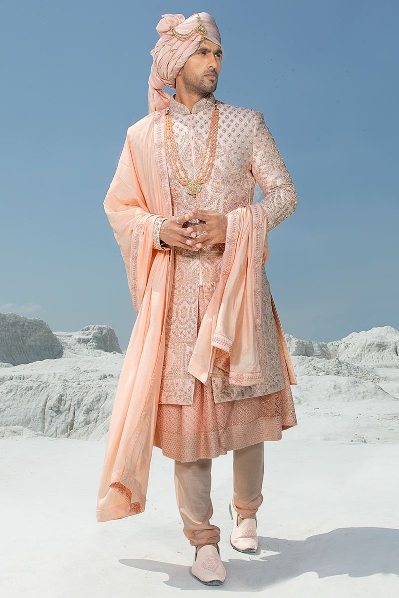 Fashionable Peach Colored Designer Sherwani