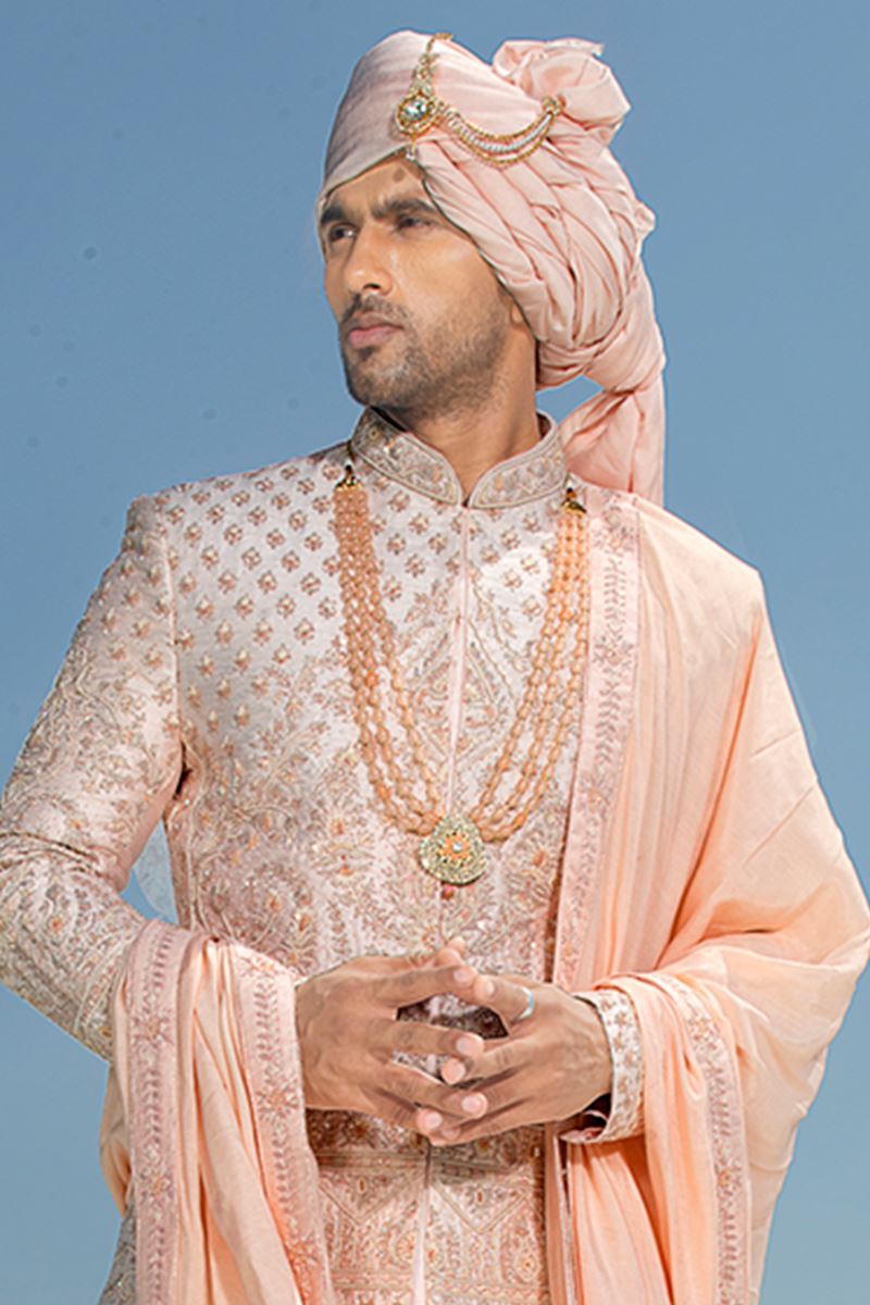 Fashionable Peach Colored Designer Sherwani