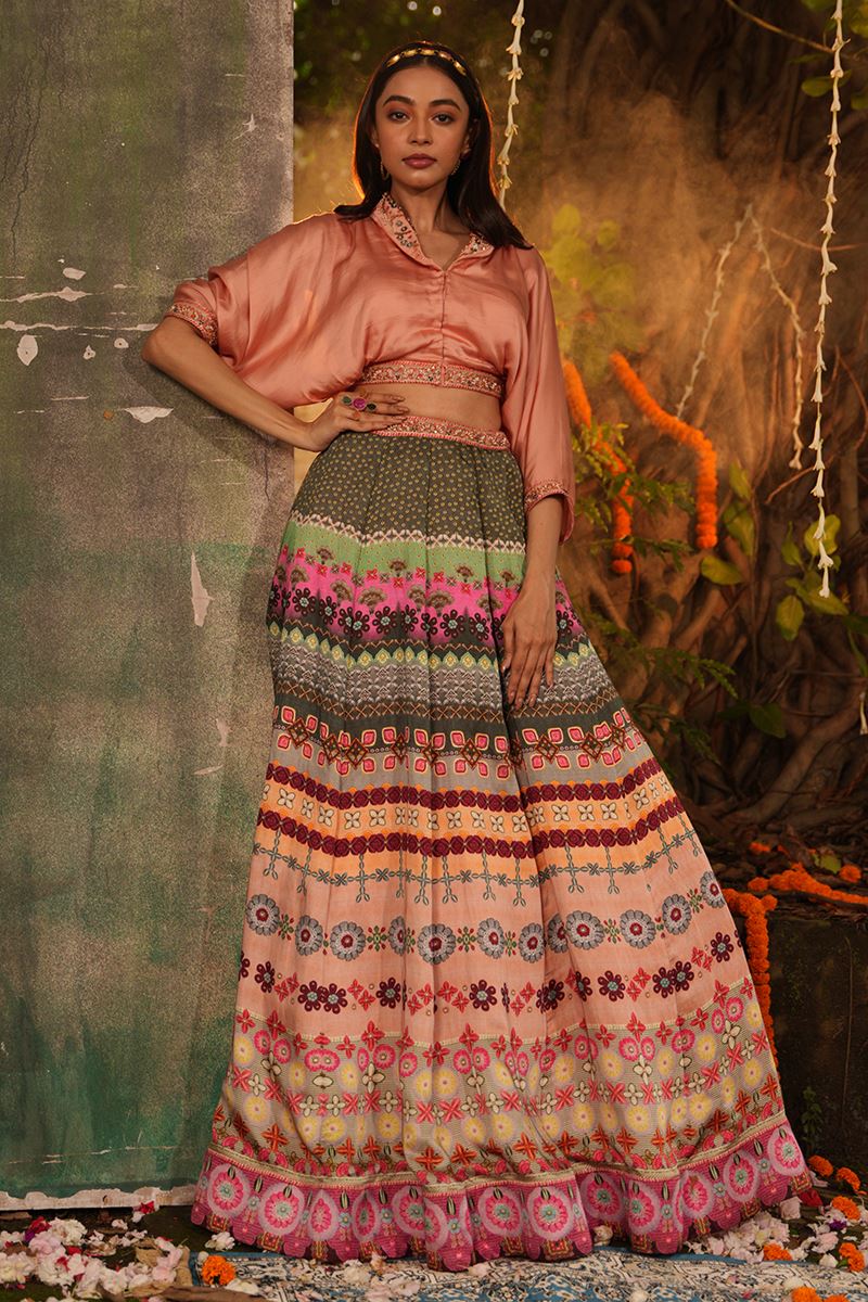 Classy Multi and Onion Colored Designer Lehenga with Cowl Pattern Blouse