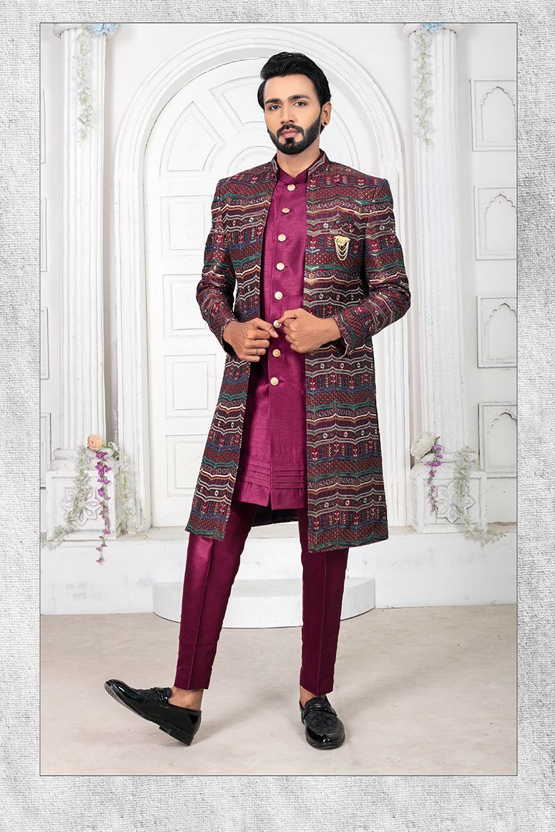 Attractive WineColored Men’s Designer Sherwani