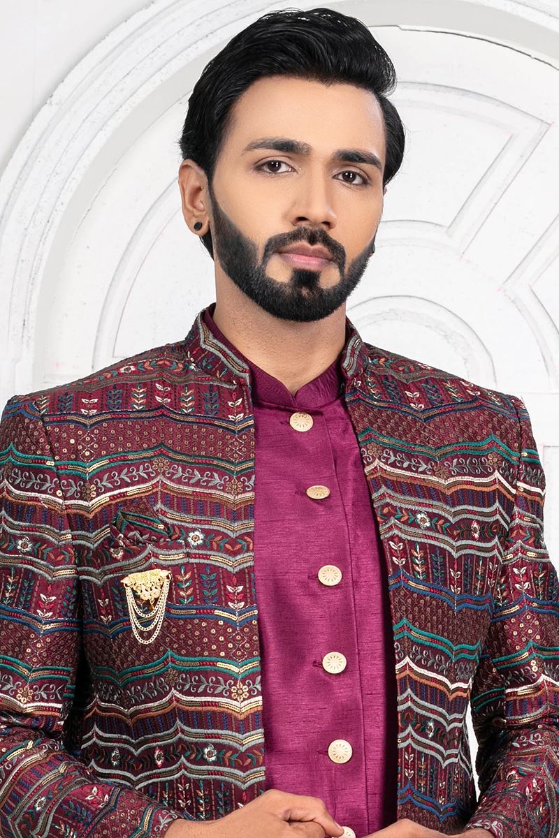 Attractive WineColored Men’s Designer Sherwani