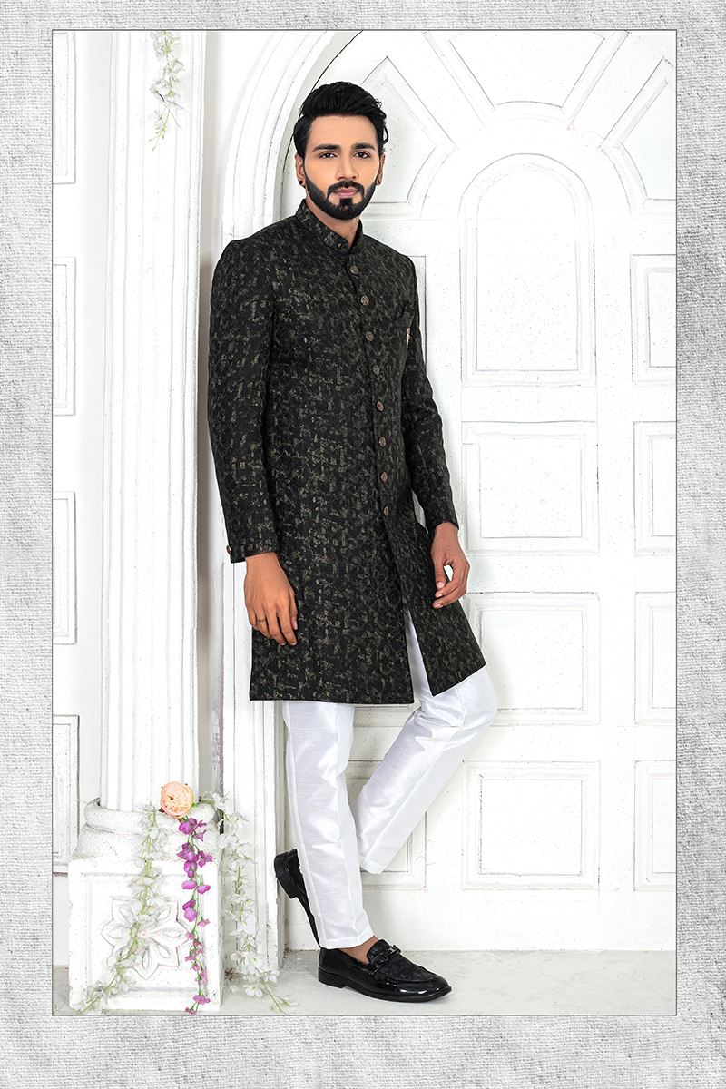 MajesticBottle Green and White Colored Men’s Designer Sherwani