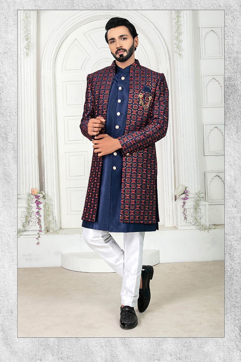 MarvelousNavy Blue and White Colored Men’s Designer Sherwani