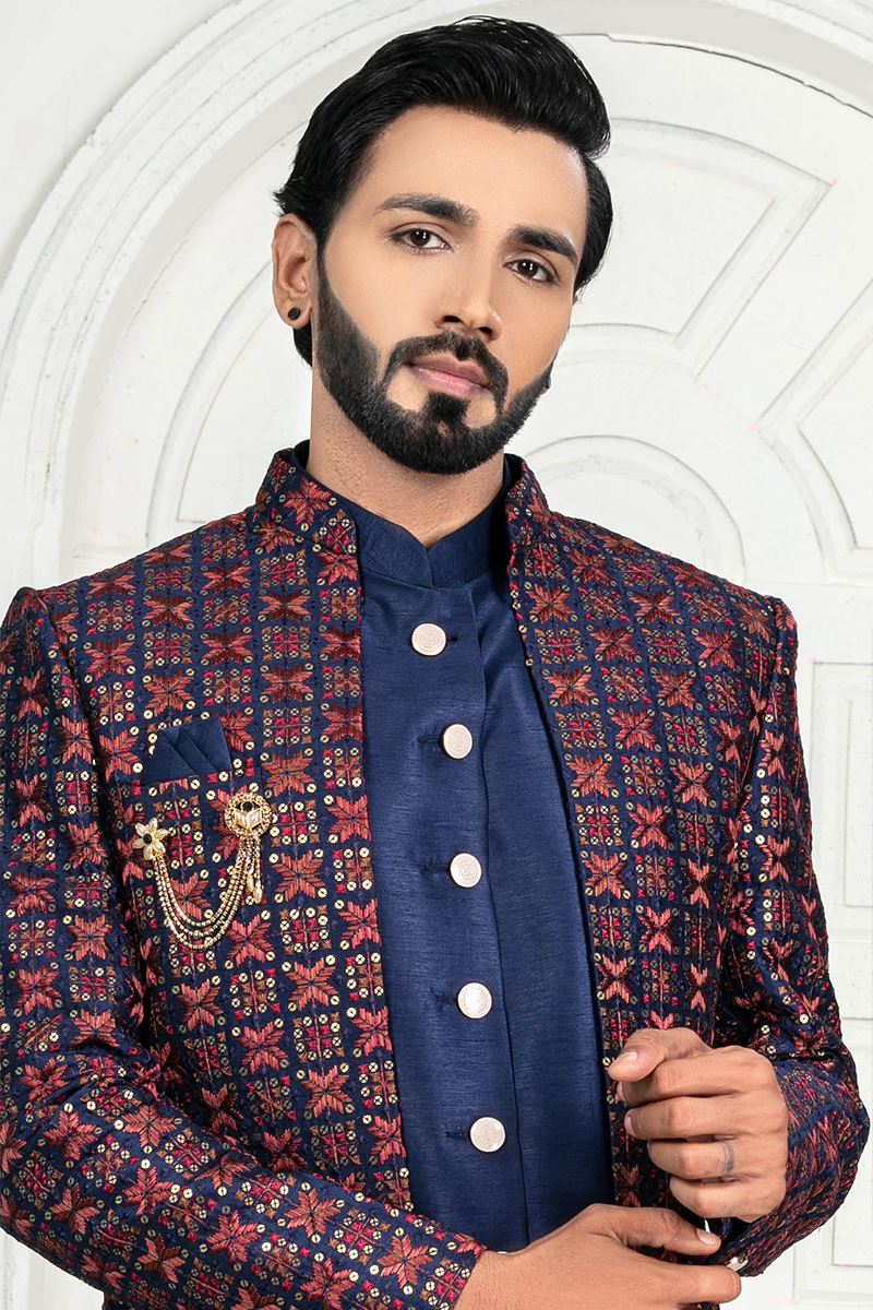 MarvelousNavy Blue and White Colored Men’s Designer Sherwani