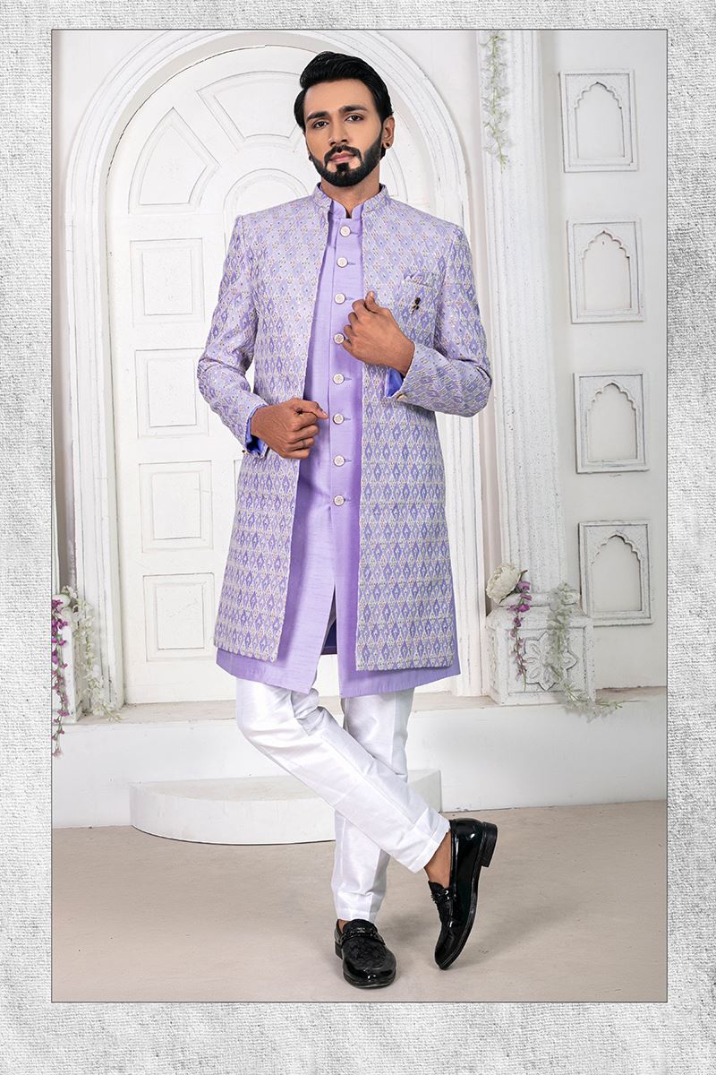 DashingFloral Violet and White Colored Men’s Designer Sherwani