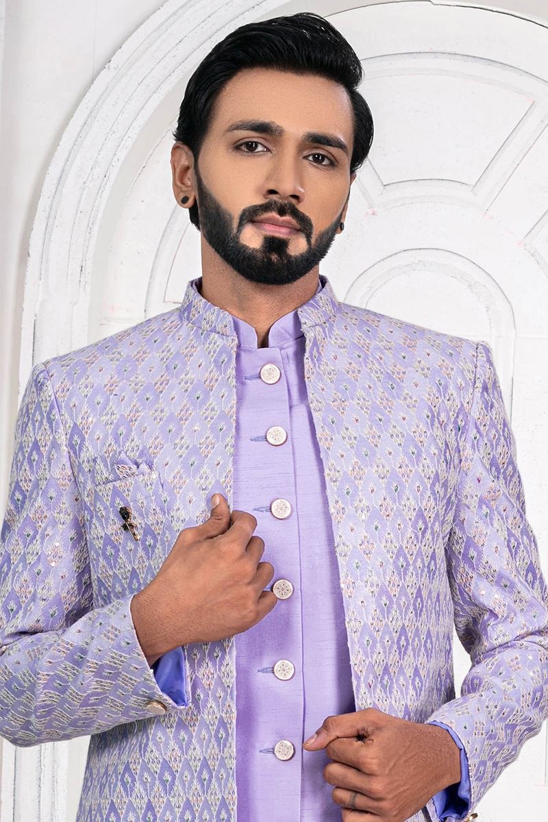 DashingFloral Violet and White Colored Men’s Designer Sherwani