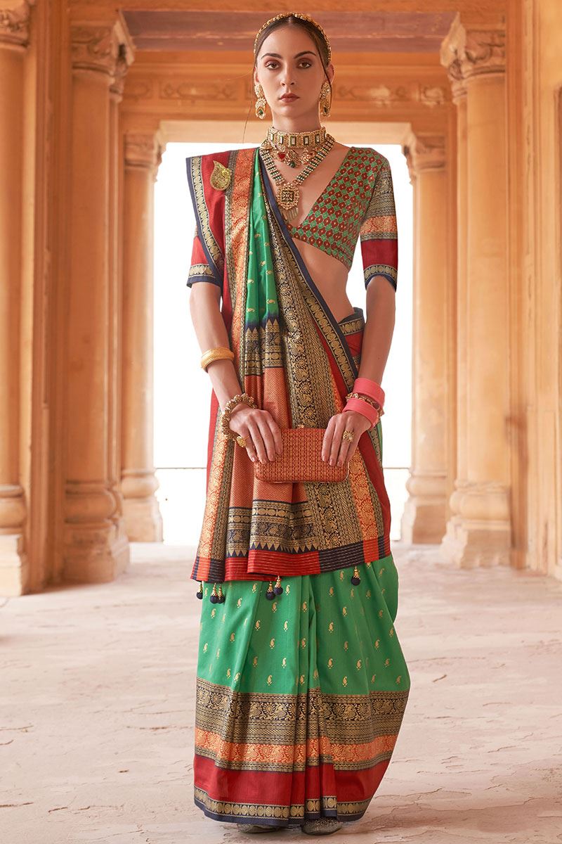 Exuberant Green and Red Colored Designer Saree