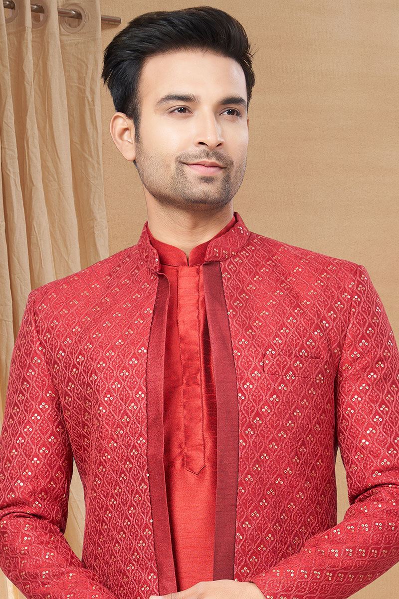 Classy Maroon Colored Designer Indo-Western Readymade Sherwani