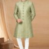 Dashing Mehendi Green and Off-White Colored Designer Indo-Western Readymade Sherwani