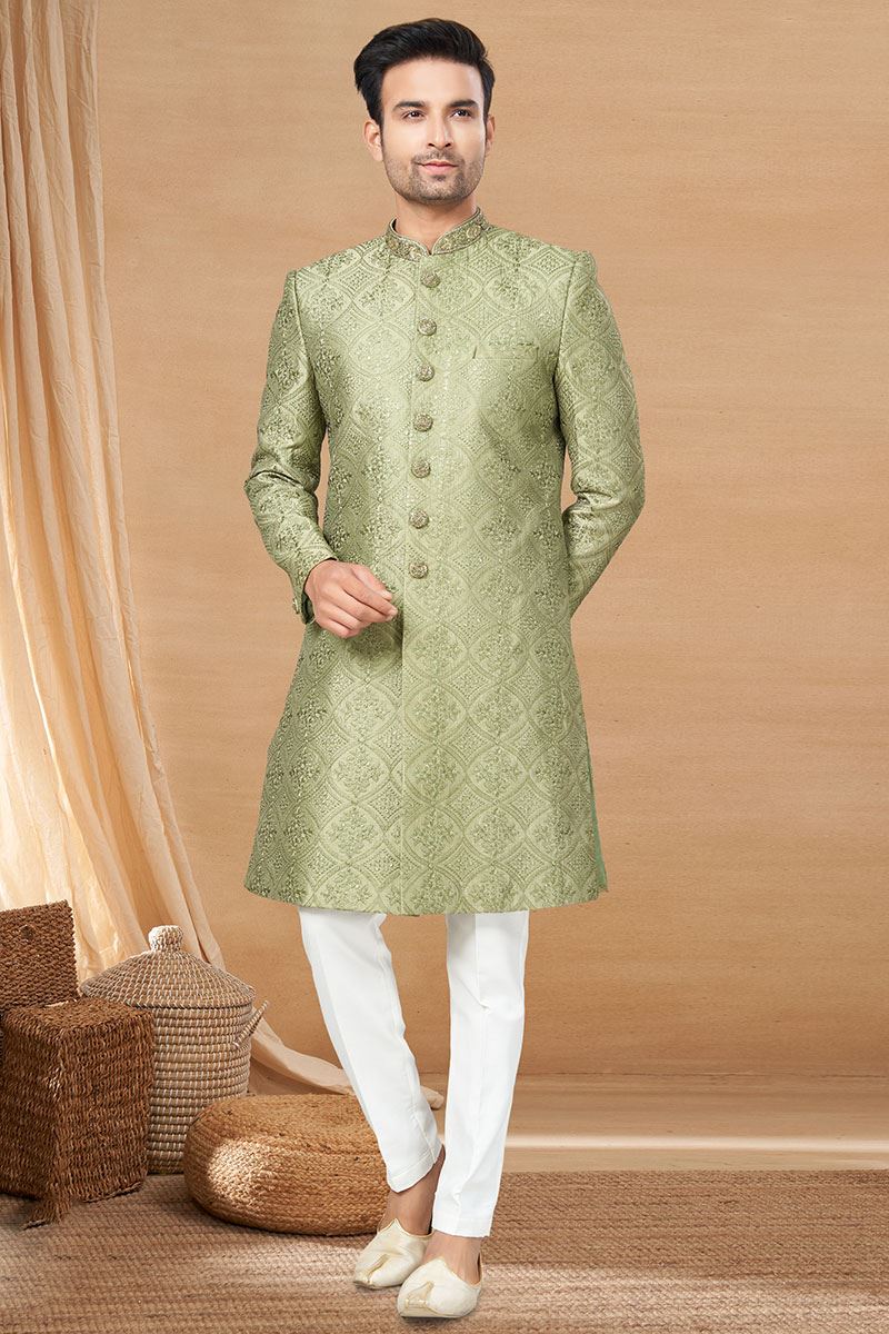 Dashing Mehendi Green and Off-White Colored Designer Indo-Western Readymade Sherwani