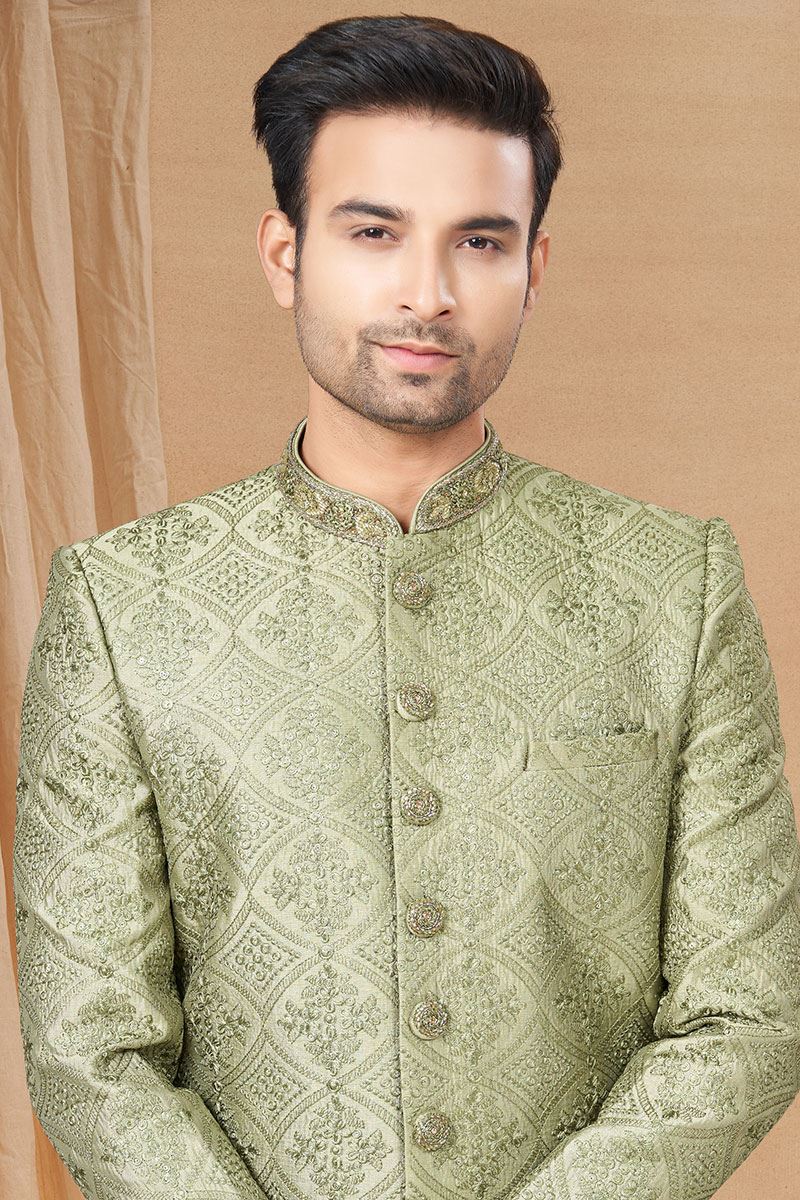 Dashing Mehendi Green and Off-White Colored Designer Indo-Western Readymade Sherwani