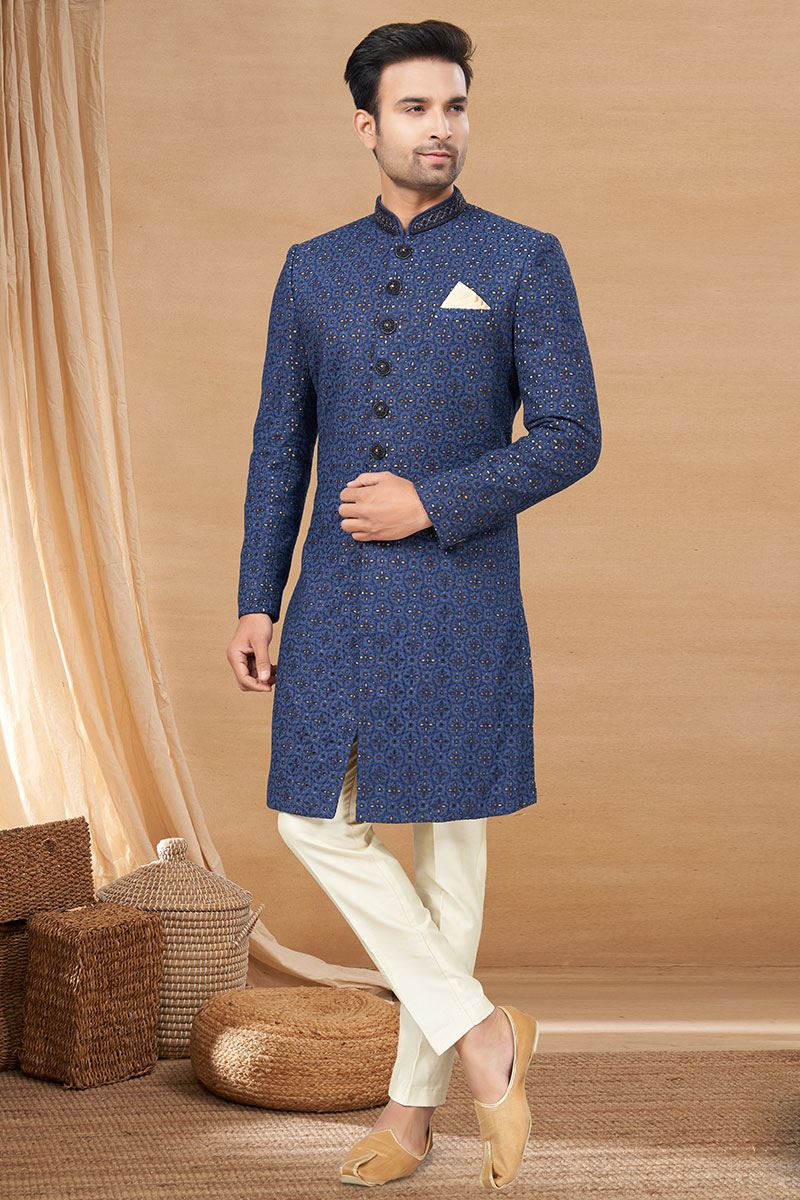 Stylish Navy Blue Colored Designer Indo-Western Readymade Sherwani