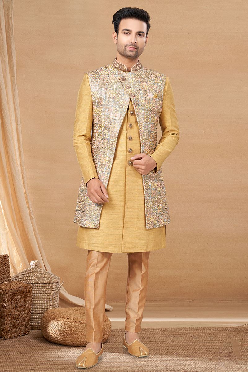Amazing Gold and Chiku Colored Designer Indo-Western Readymade Sherwani