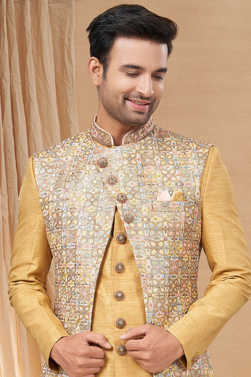 Amazing Gold and Chiku Colored Designer Indo-Western Readymade Sherwani