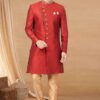 Flamboyant Maroon and Chiku Colored Designer Indo-Western Readymade Sherwani