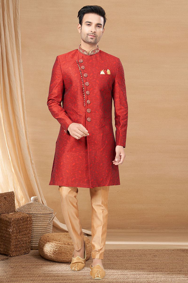 Flamboyant Maroon and Chiku Colored Designer Indo-Western Readymade Sherwani