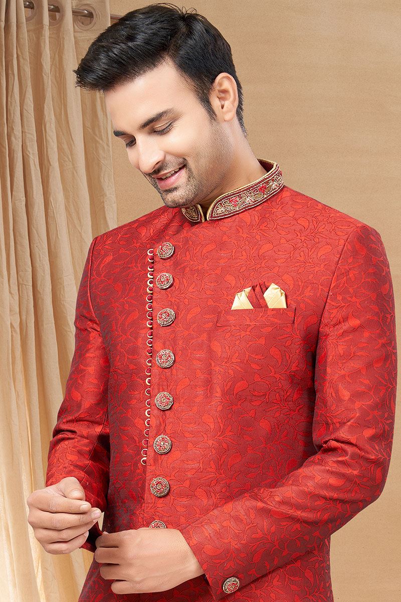 Flamboyant Maroon and Chiku Colored Designer Indo-Western Readymade Sherwani