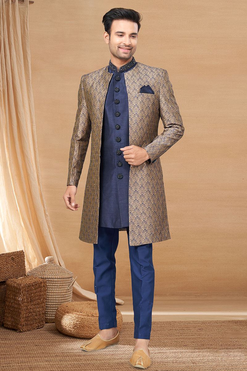 Fashionable Navy Blue Colored Designer Indo-Western Readymade Sherwani