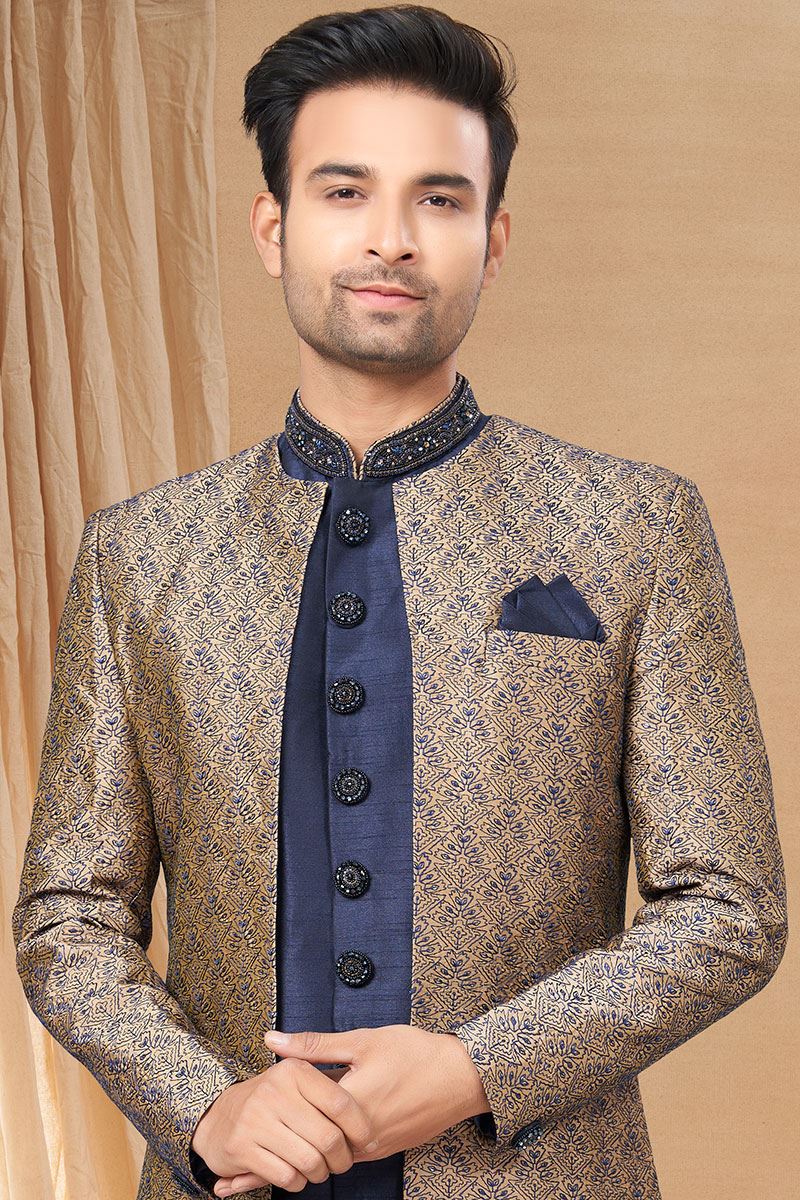 Fashionable Navy Blue Colored Designer Indo-Western Readymade Sherwani