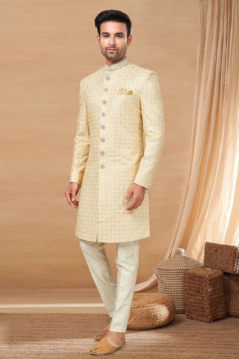 Dazzling Light Gold Colored Designer Indo-Western Readymade Sherwani