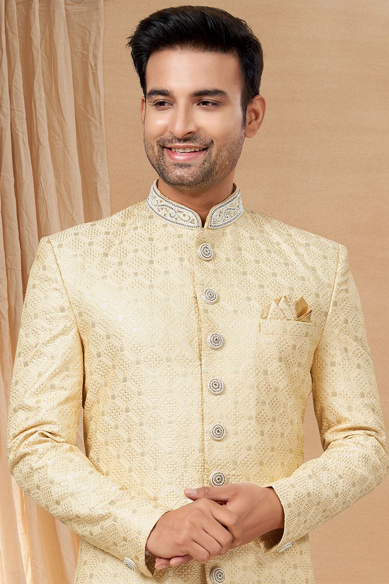Dazzling Light Gold Colored Designer Indo-Western Readymade Sherwani