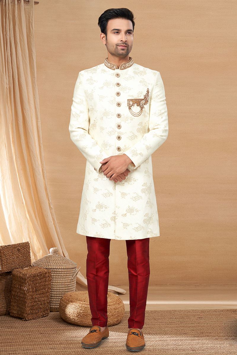 Bollywood Cream and Maroon Colored Designer Indo-Western Readymade Sherwani