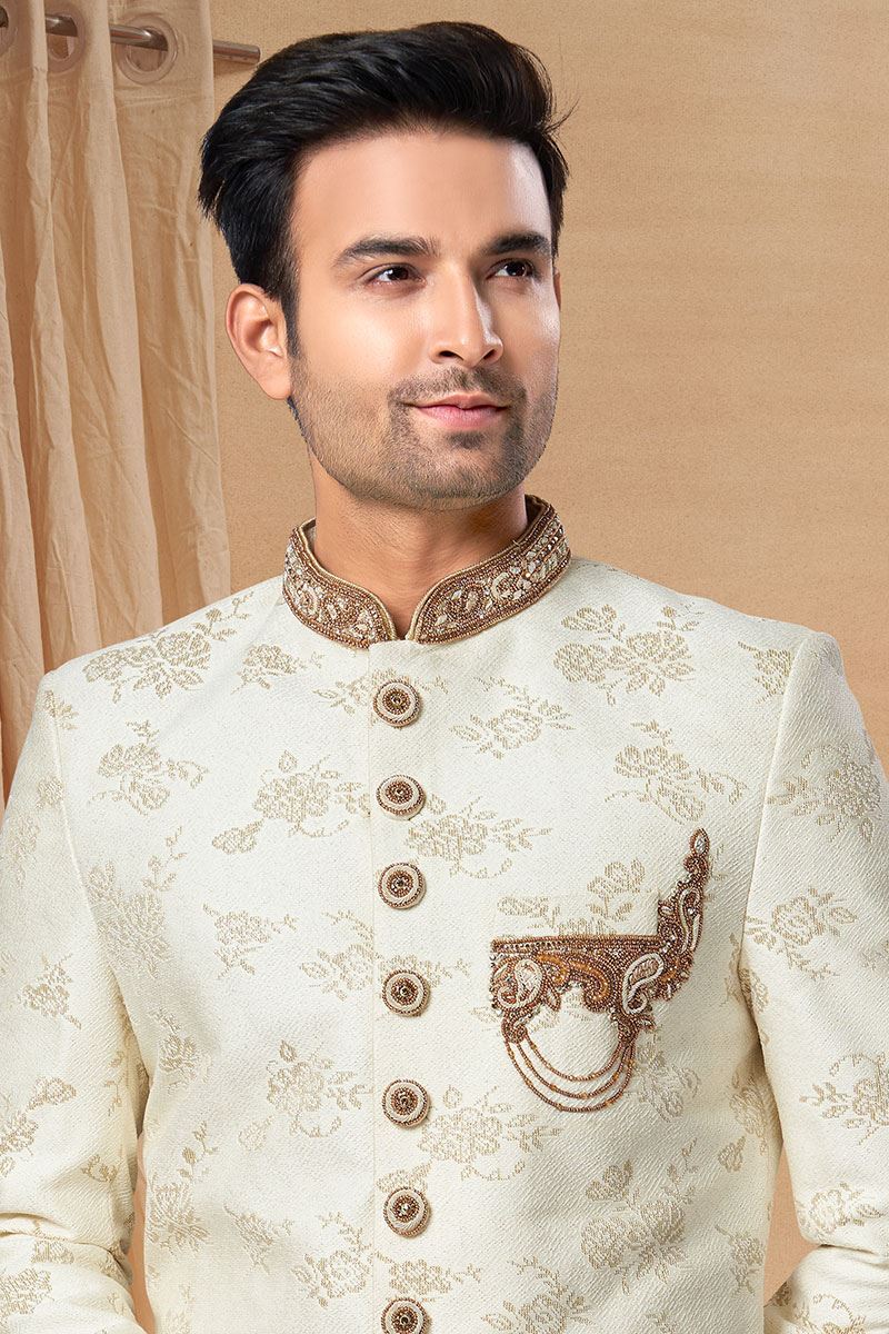 Bollywood Cream and Maroon Colored Designer Indo-Western Readymade Sherwani