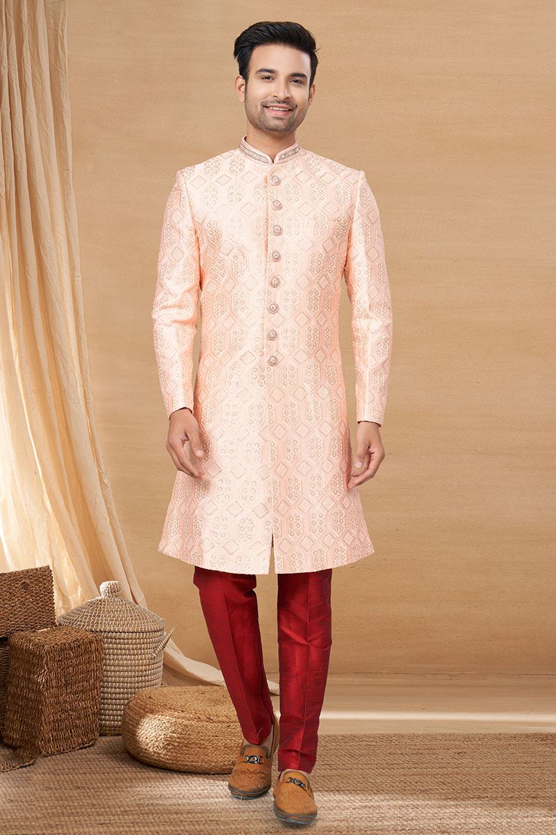 Creative Peach and Maroon Colored Designer Indo-Western Readymade Sherwani