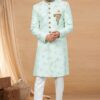 Outstanding Sea Green and Off-White and Maroon Colored Designer Indo-Western Readymade Sherwani
