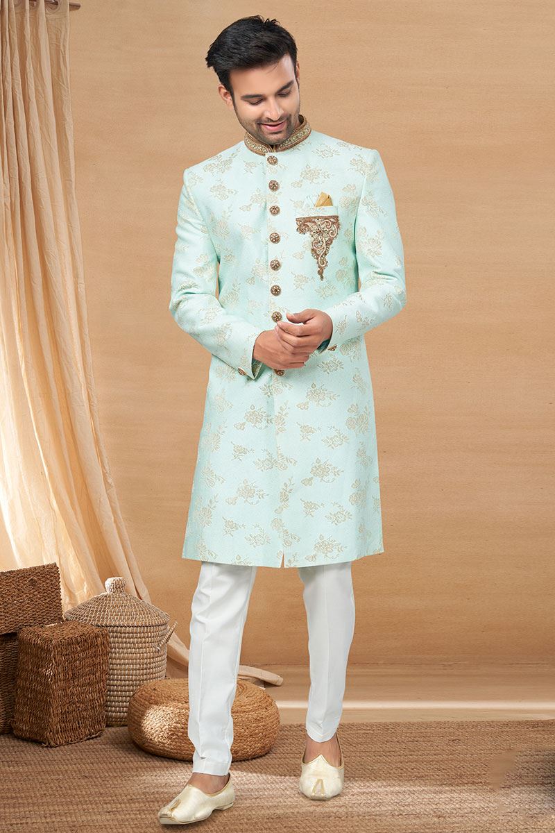 Outstanding Sea Green and Off-White and Maroon Colored Designer Indo-Western Readymade Sherwani