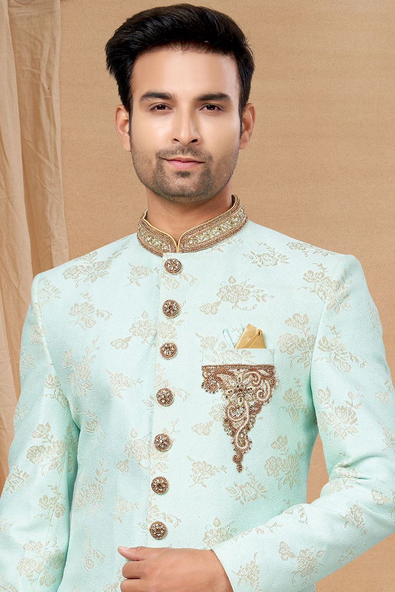 Outstanding Sea Green and Off-White and Maroon Colored Designer Indo-Western Readymade Sherwani