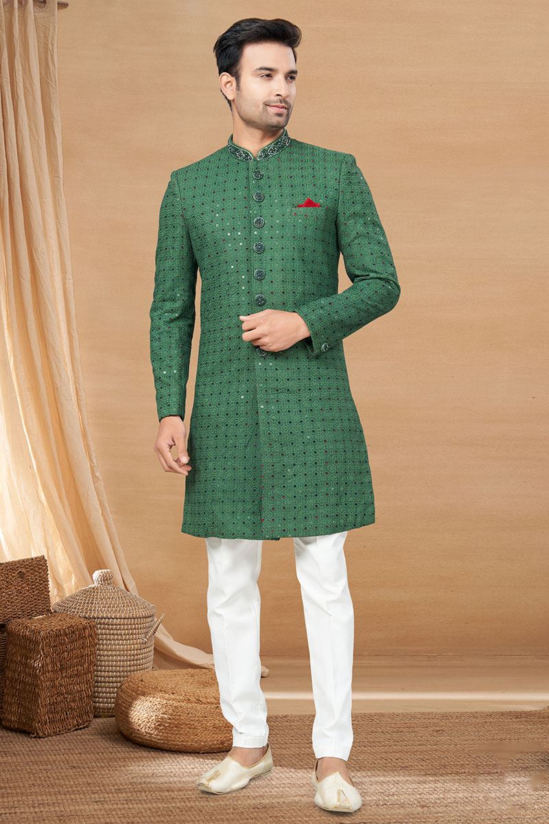 Splendid Green and Off-White Colored Designer Indo-Western Readymade Sherwani