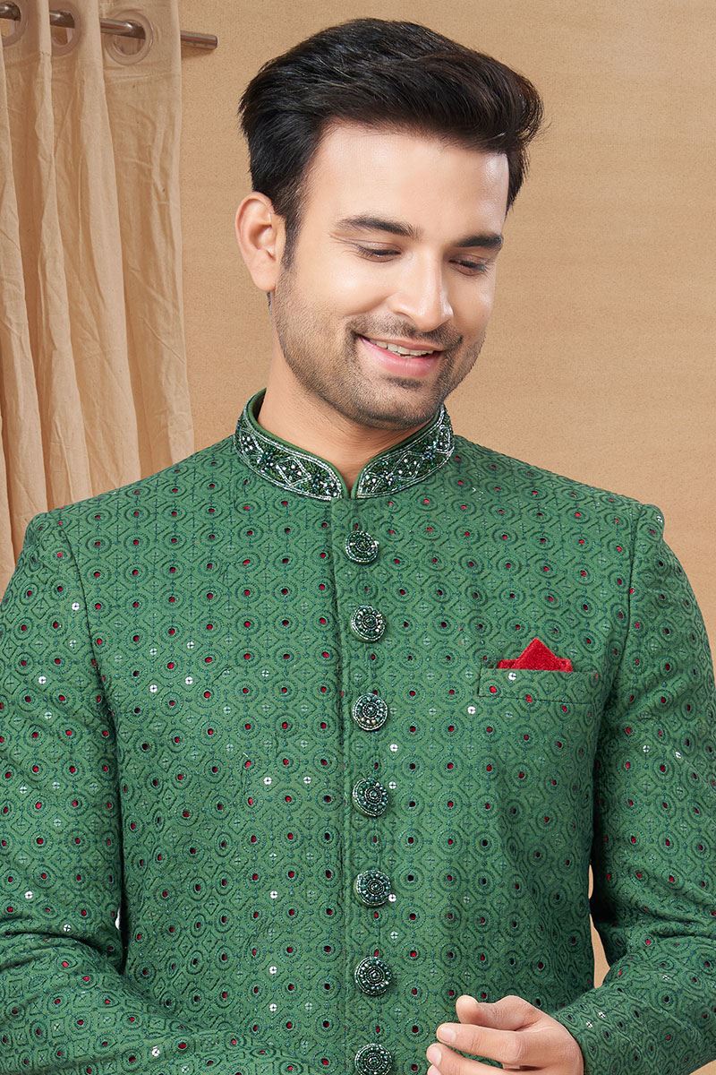 Splendid Green and Off-White Colored Designer Indo-Western Readymade Sherwani
