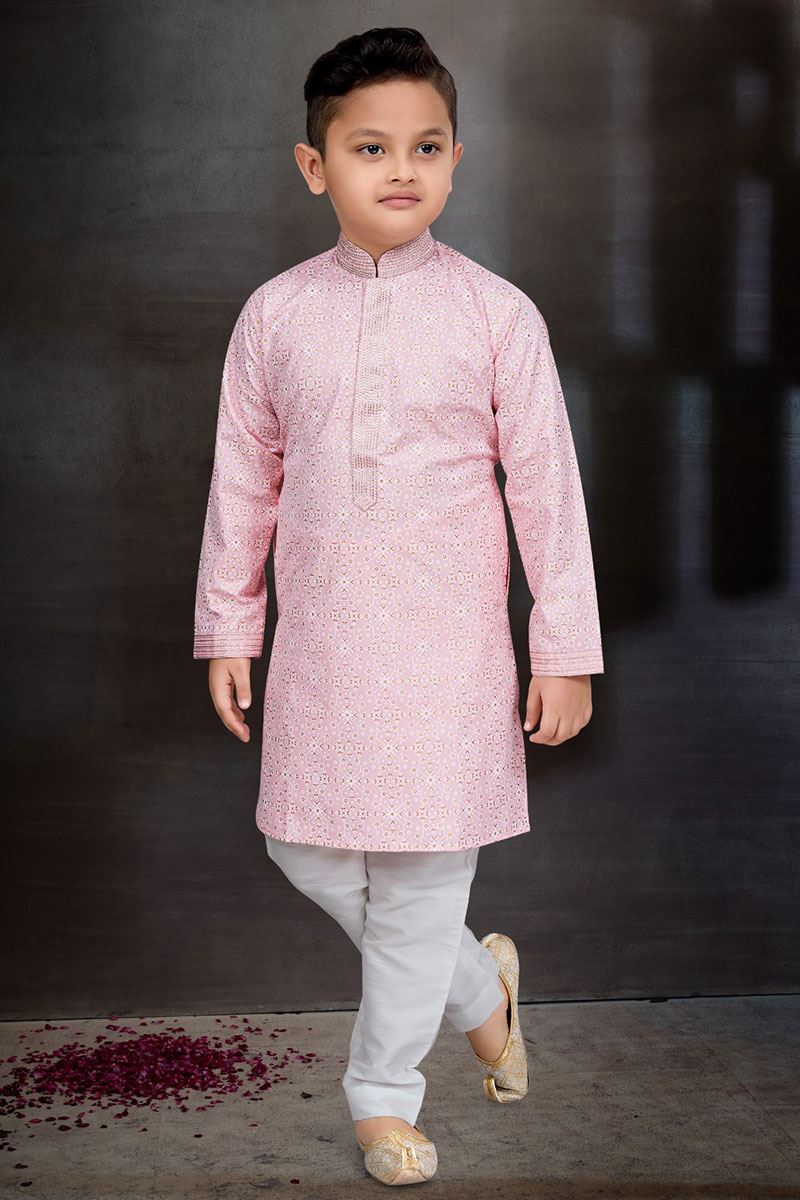 Vibrant Light Pink Colored Designer Kid’s Kurta Pajama Set