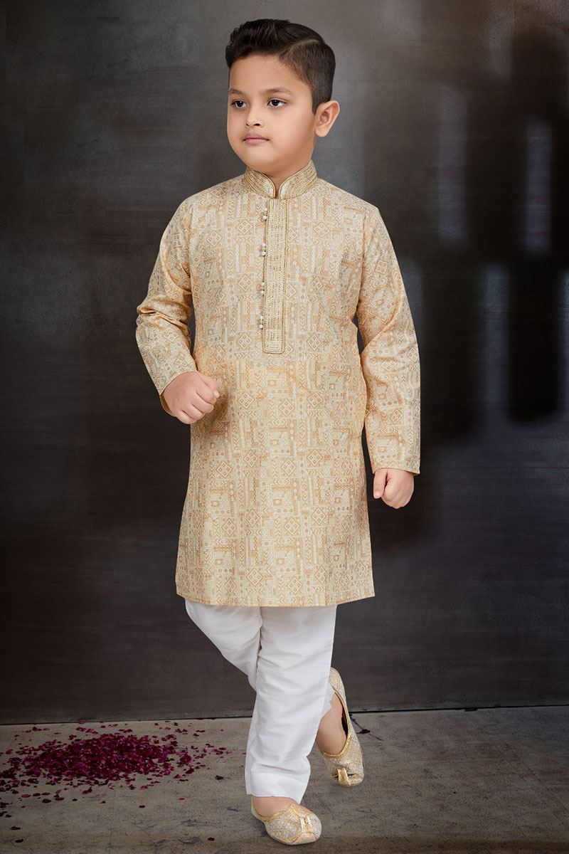 Impressive Gold Colored Designer Kid’s Kurta Pajama Set