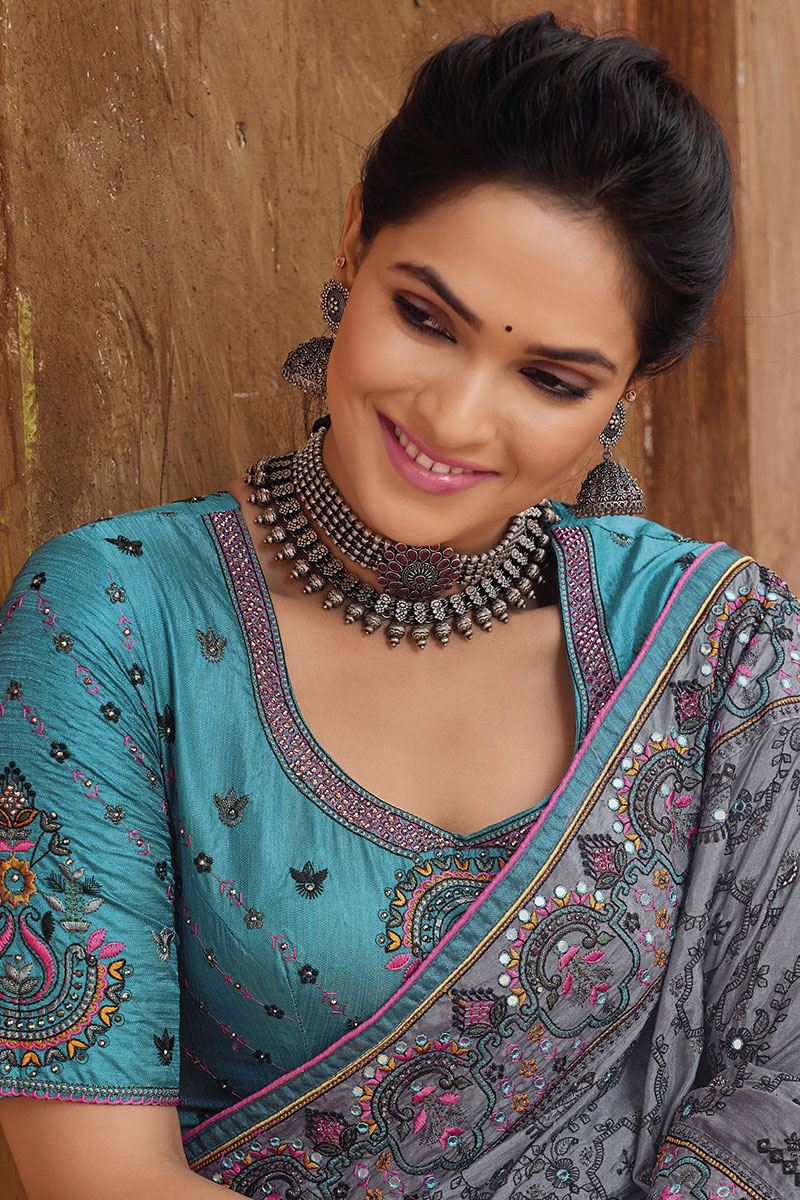 Striking Grey Colored Designer Saree