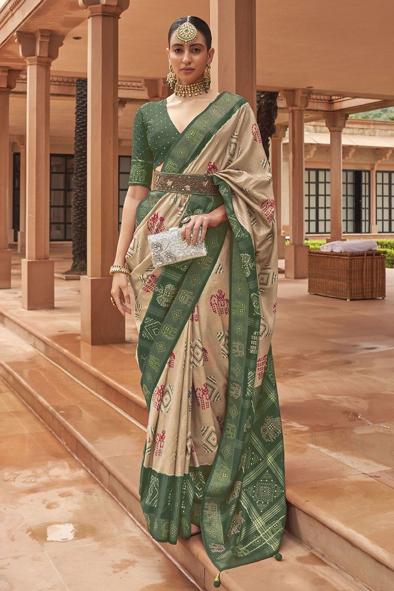 Attractive Cream and Green Colored Designer Saree