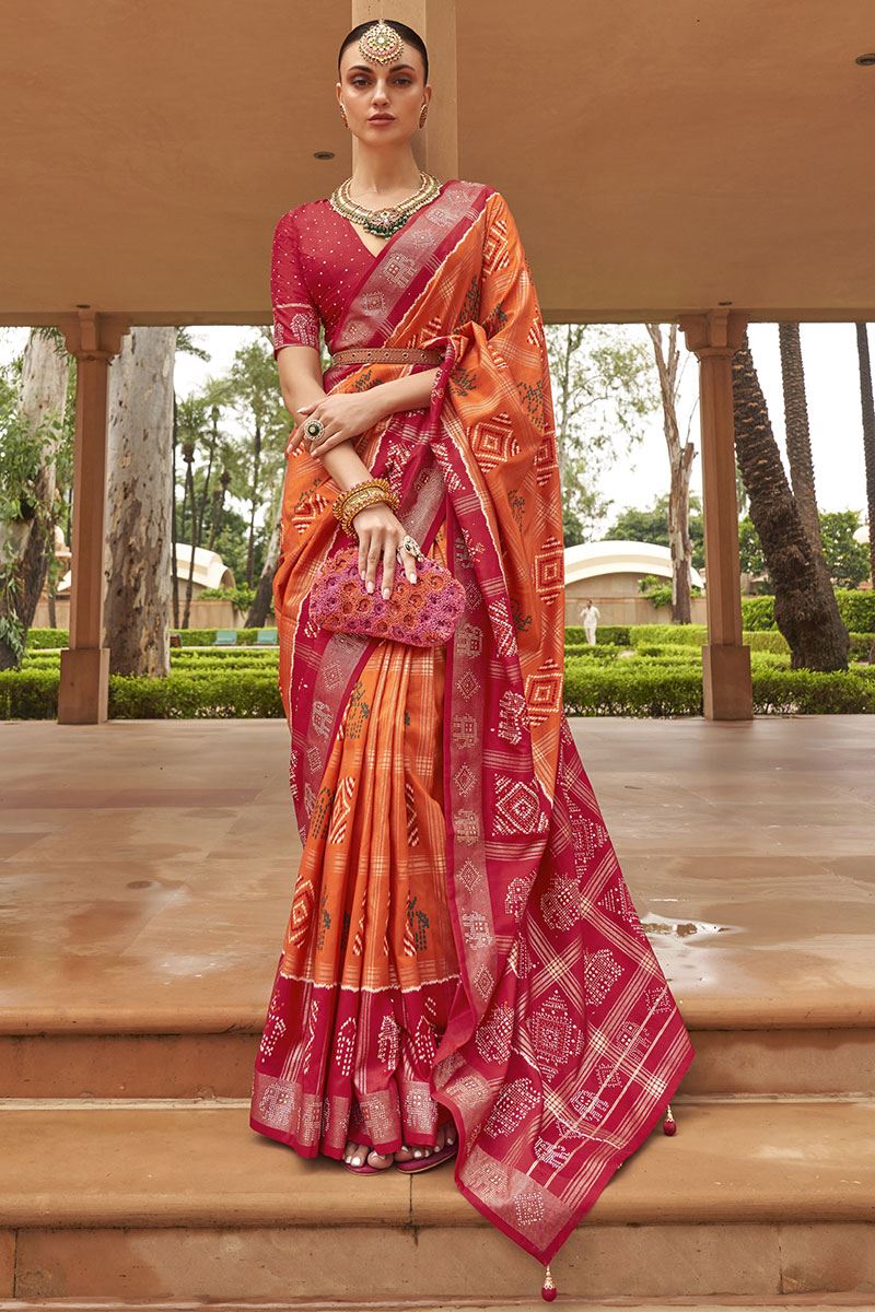 Enticing Orange and Pink Colored Designer Saree