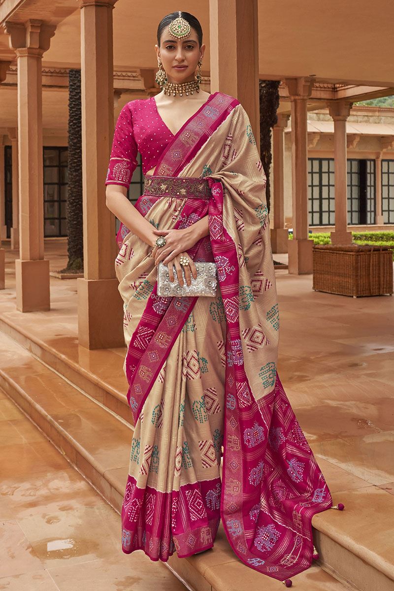 Beautiful Cream and Pink Colored Designer Saree