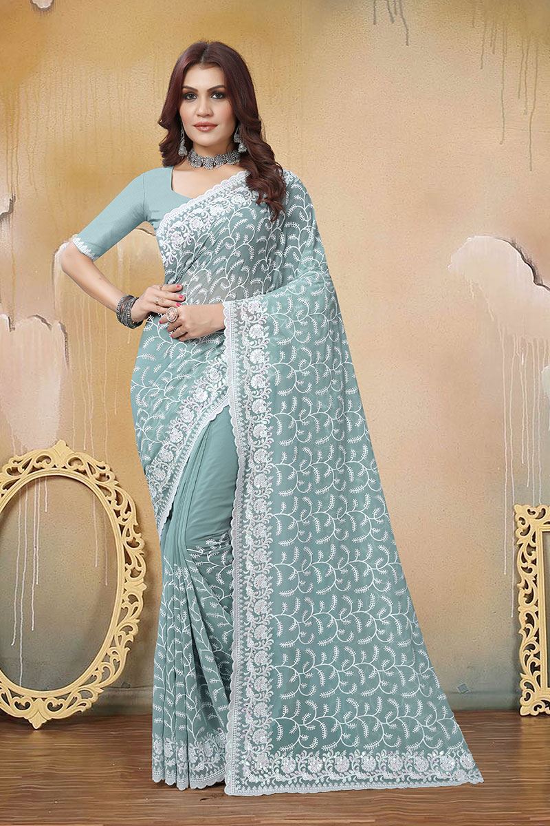 Dashing Sea Green Colored Designer Saree