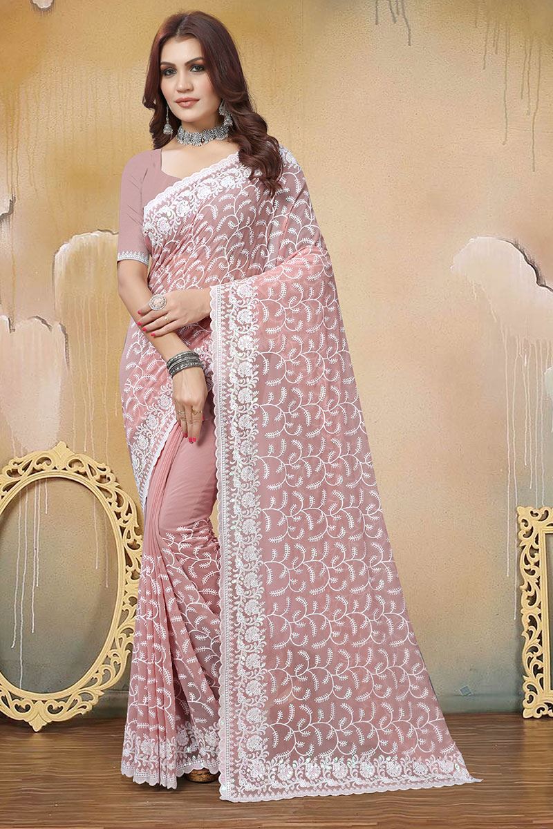 Stylish Dusty Peach Colored Designer Saree