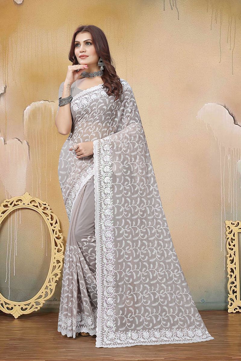 Amazing Dusty Mouse Colored Designer Saree