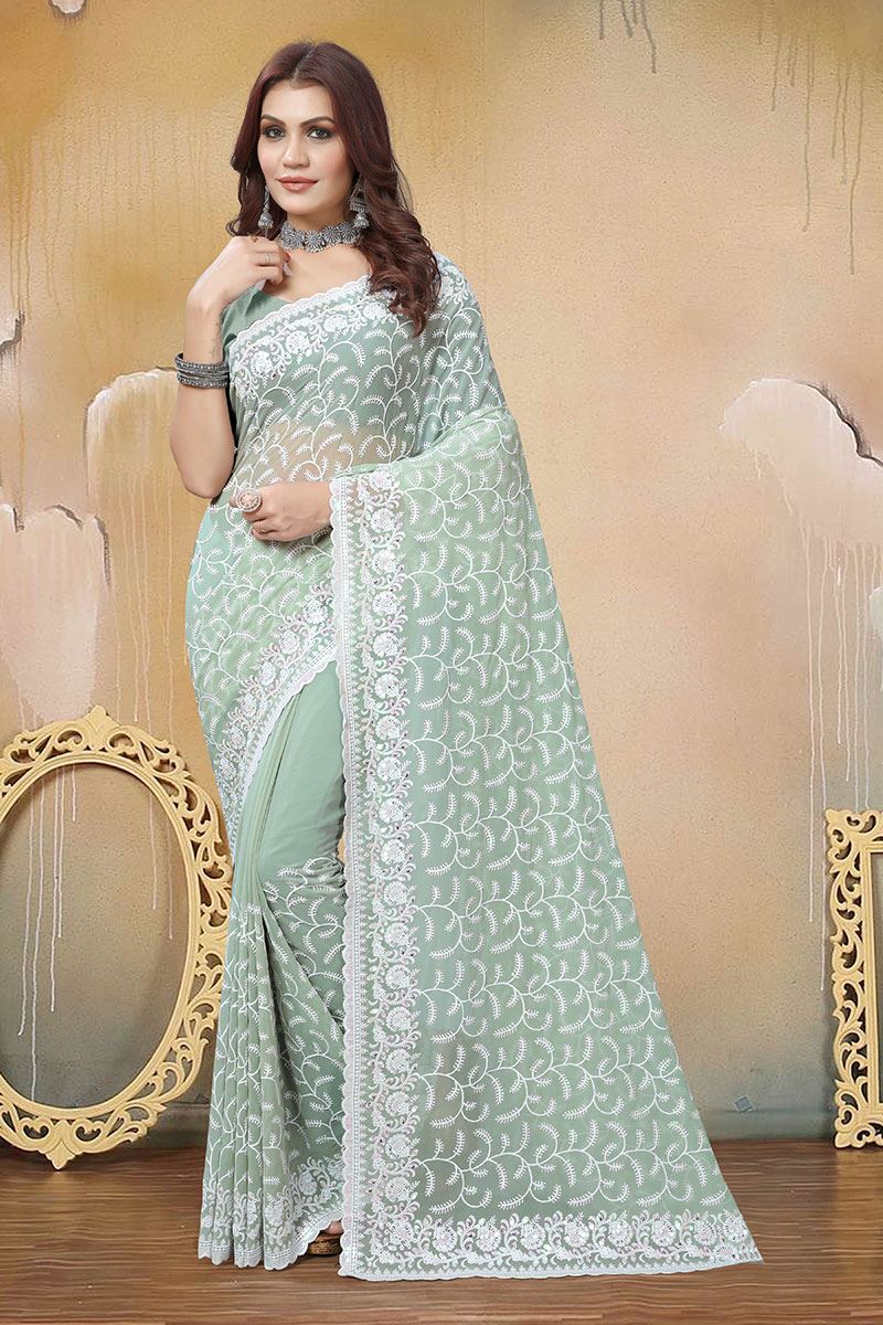 Flamboyant Dusty Pista Colored Designer Saree