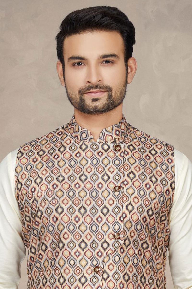 Vibrant Cream Colored Designer Kurta Pajama Set
